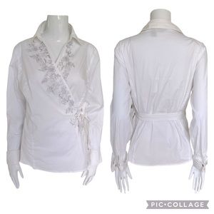 Chicos White Long Sleeve Wrap Blouse with Silver Embroidered Detail. Size 2